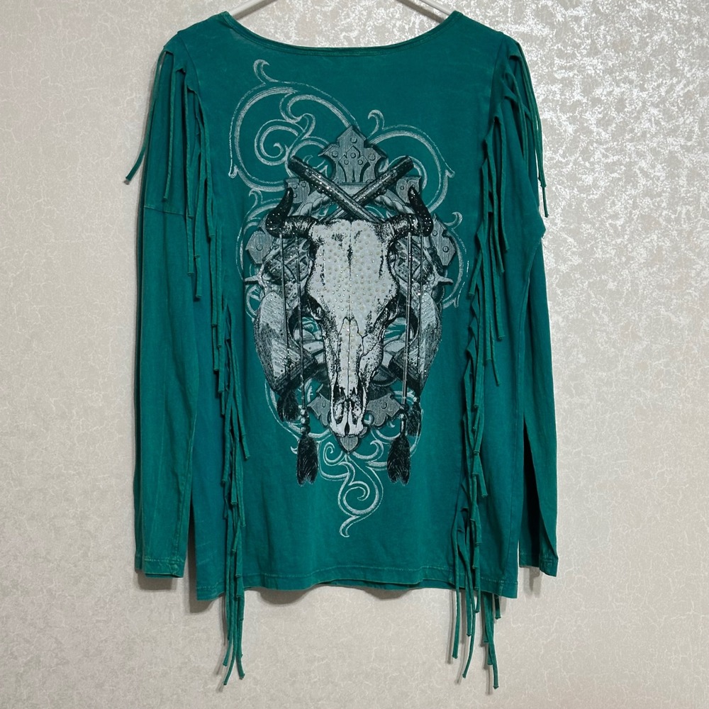 Vocal Teal Western‎ Top Long Sleeve Studded Skull Dueling Pistols Fringe Shirt L - Picture 2 of 6